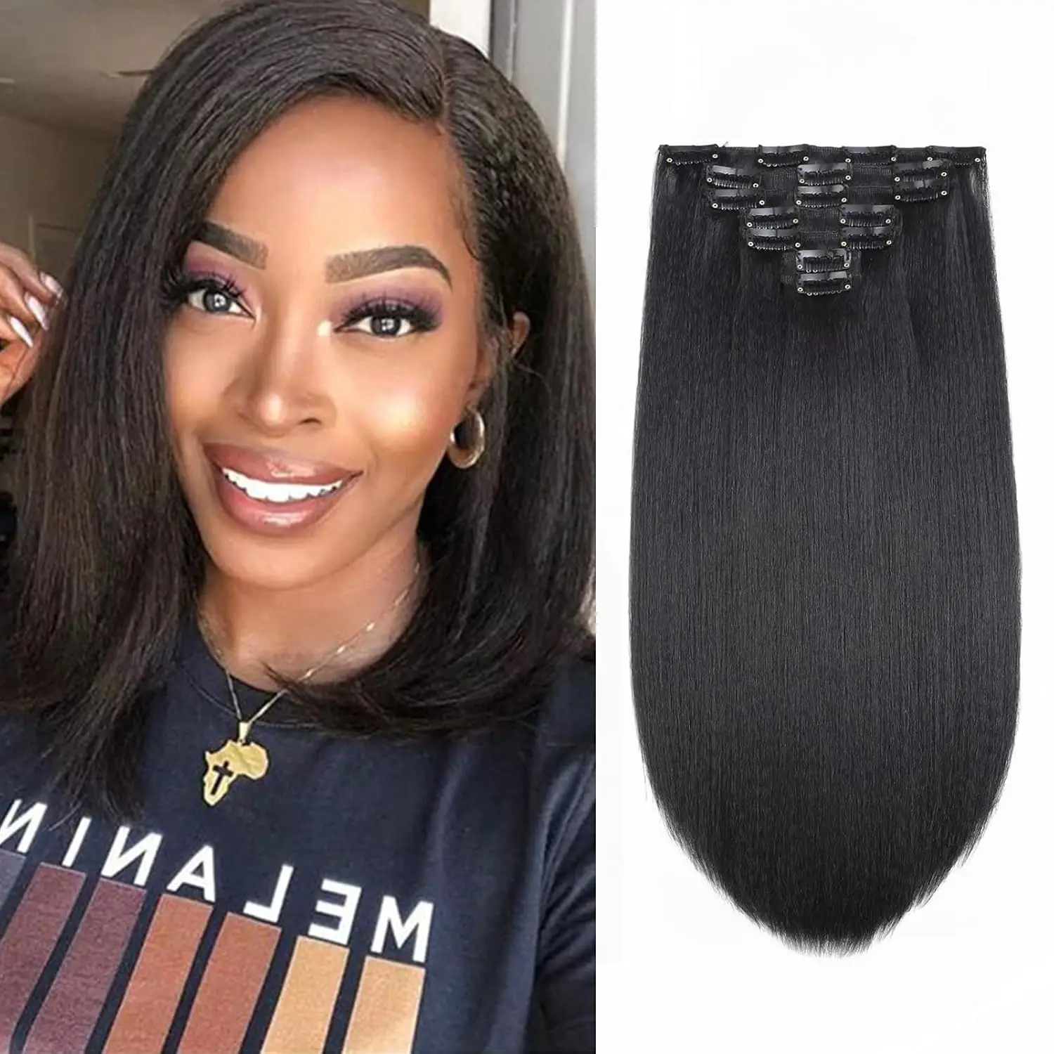 7PCS Kinky Straight Clip ins Hair Extensions Full Head Yaki Straight Seamless Clip in Synthetic Hair Pieces for Women
