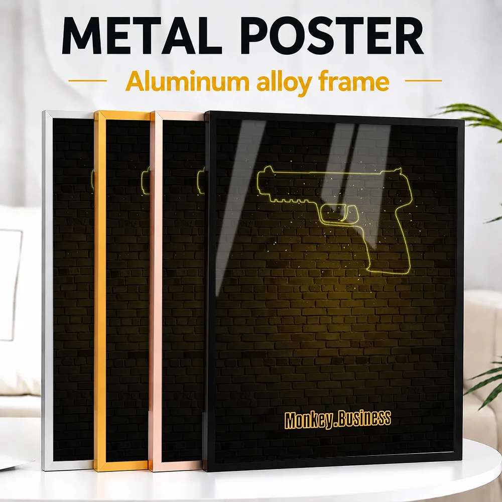 Pistol Outline Framed Metal Print Personalized Neon Style Wall Art For Home Office And Computer Room, Gaming Enthusiast Gift