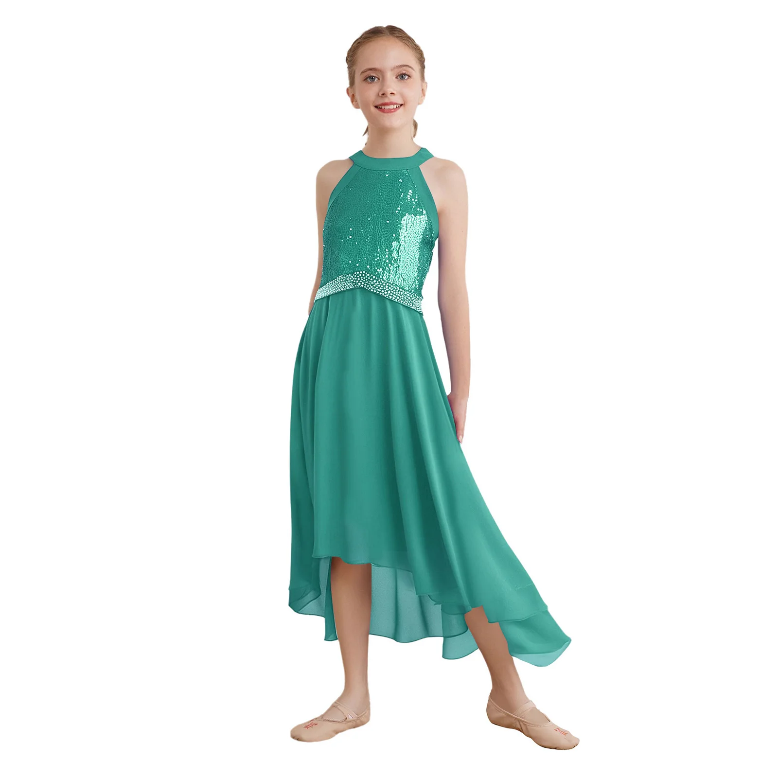 

Girls Kids Lyrical Modern Contemporary Competition Performance Dress with Belt Elegant Dance Wear for Graduation Prom Party