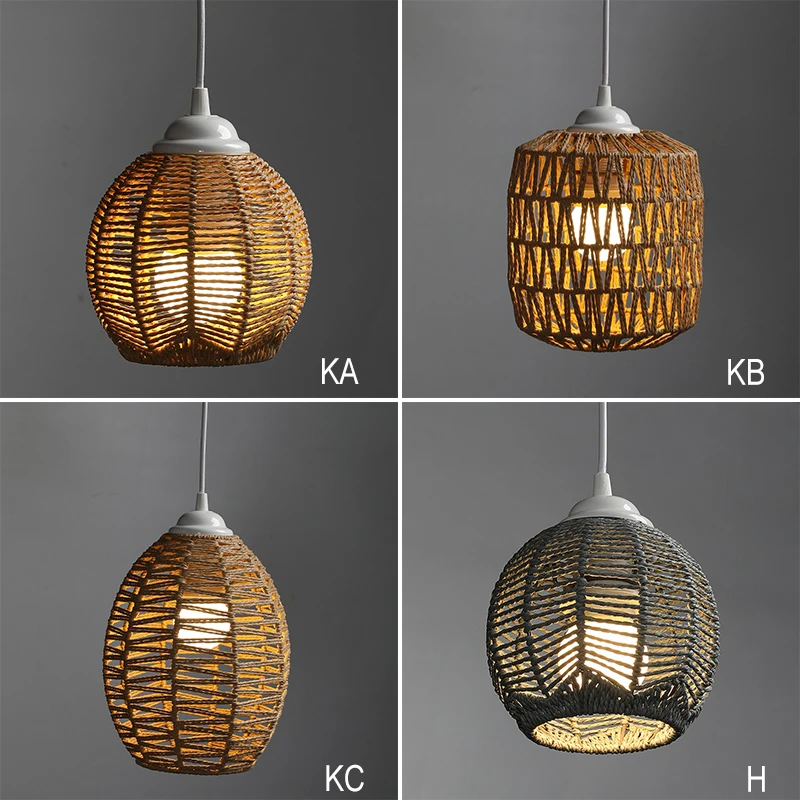 Classical Imitation Hemp Rope Woven Lampshade Geometric Shade Light Cover Chandelier Hanging Wicker Decorative Weave Basket