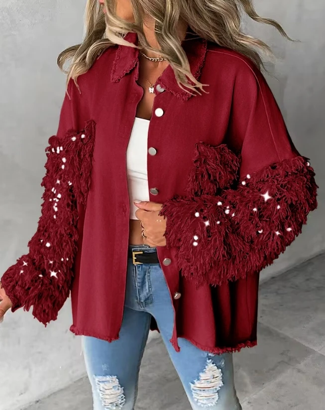 Women\'s Top Contrast Sequin Tassel Design Fuzzy Patchwork Shacket 2024 Spring Latest Turn Down Collar Long Sleeve Daily Clothing