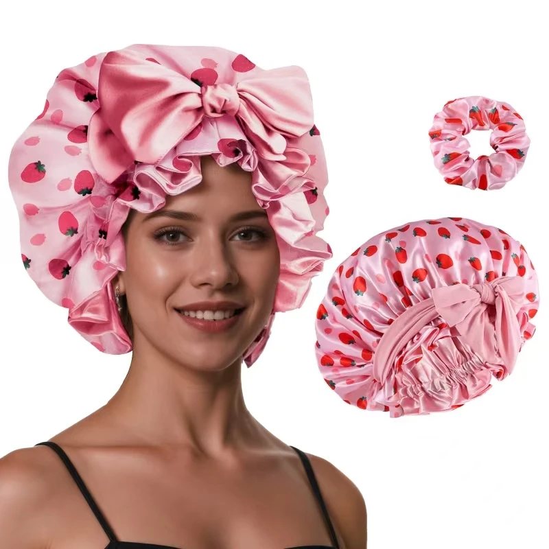 

1 Set Silk Bonnet for Sleeping Women, Printing Satin Hair Shower Cap Tie Band Adjustable Straps Head Wrap for Curly Hair