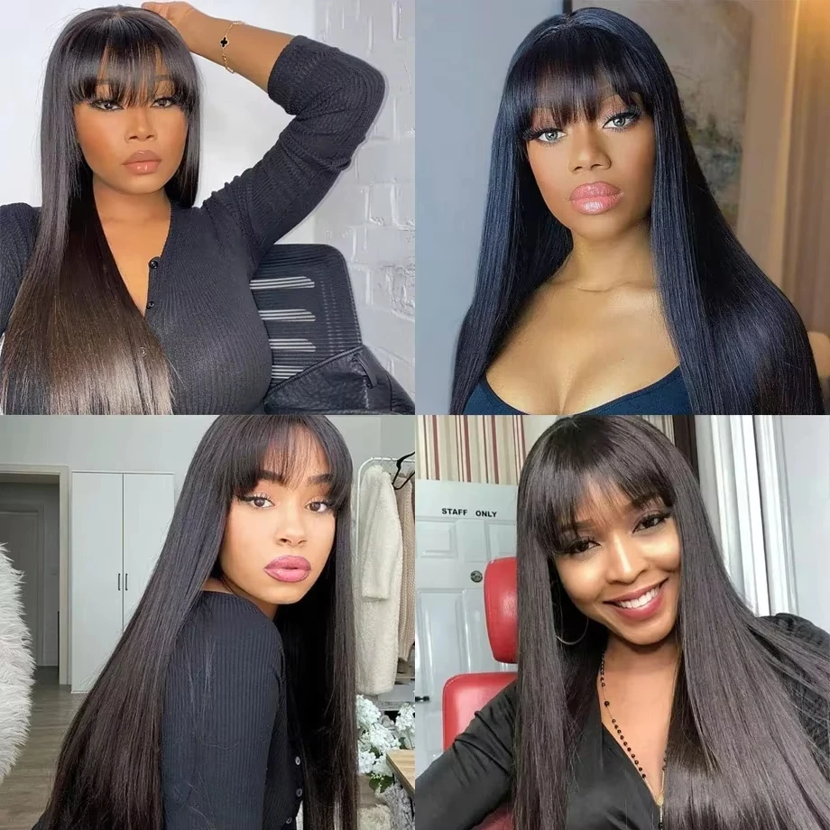 Bone Straight Human Hair Wig With Bangs Fringe Brazilian 3x1 HD Lace Frontal Wigs For Black Women 220% Density 34 Inch image 5