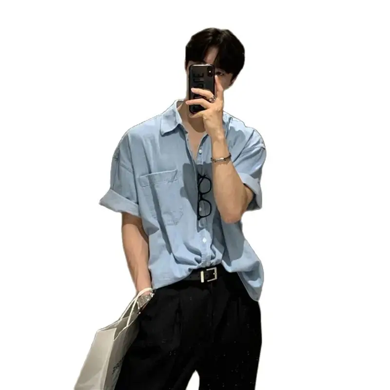 Korea Summer Men'S Women Denim Short-Sleeved Pocket Shirt Leisure Button-Down Korean Popular Streetwear Stylish