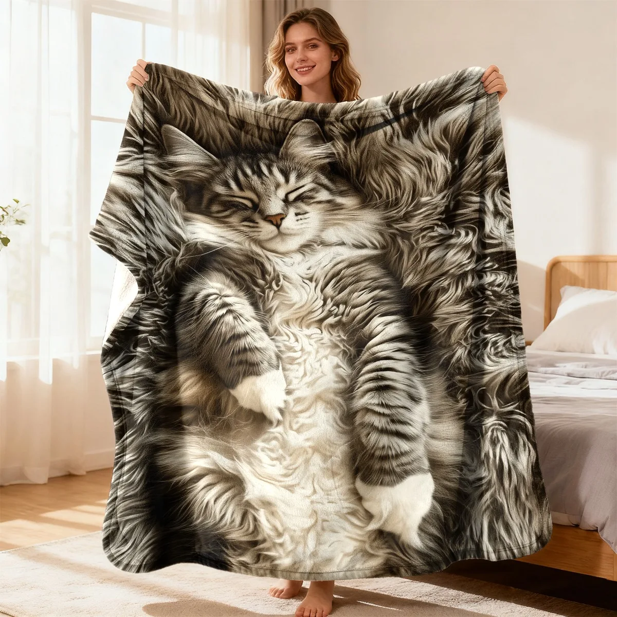 Extra Large Sleeping Norwegian Forest Cat Throw Blanket, Ultra‑Soft Comfortable Machine Washable Blanket for Sofa, Outdoor Use