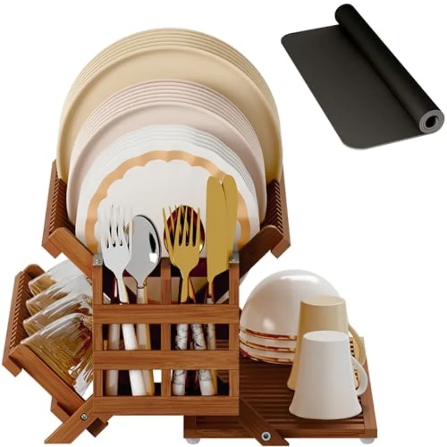 

Dish Drying Rack with Utensil Holder 3 Tier Collapsible Dish Rack Wooden Dish Racks for Kitchen Counter Large Folding Drying Ho