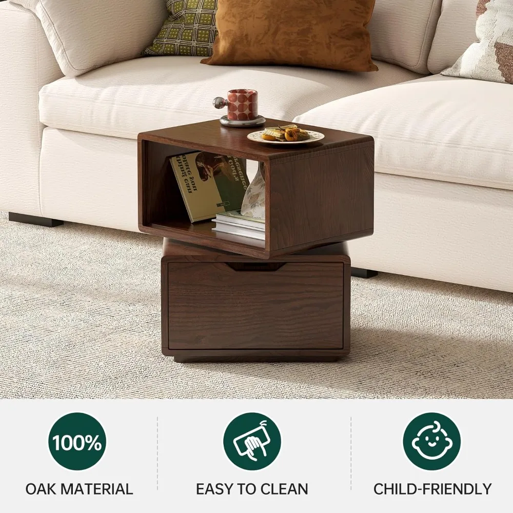 360 ° منضدة من خشب البلوط الصلب قابلة للدوران، منضدة حديثة لمنتصف القرن مع درج، طاولة جانبية دوارة صغيرة للمساحات الصغيرة #5