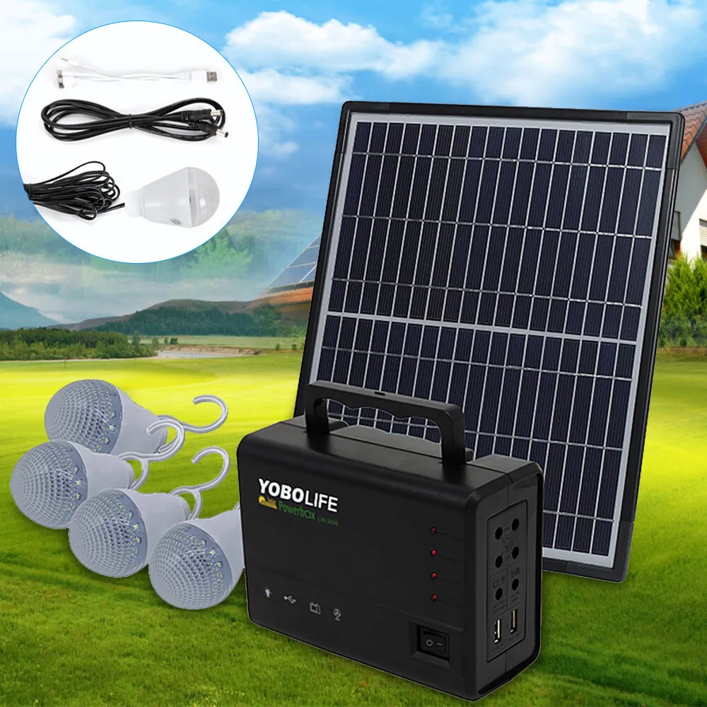 

12V Solar Generator Kit Portable Power Station with 12W Panel & 4 LED Bulbs for Outdoor Camping Emergency Lighting USB Charging