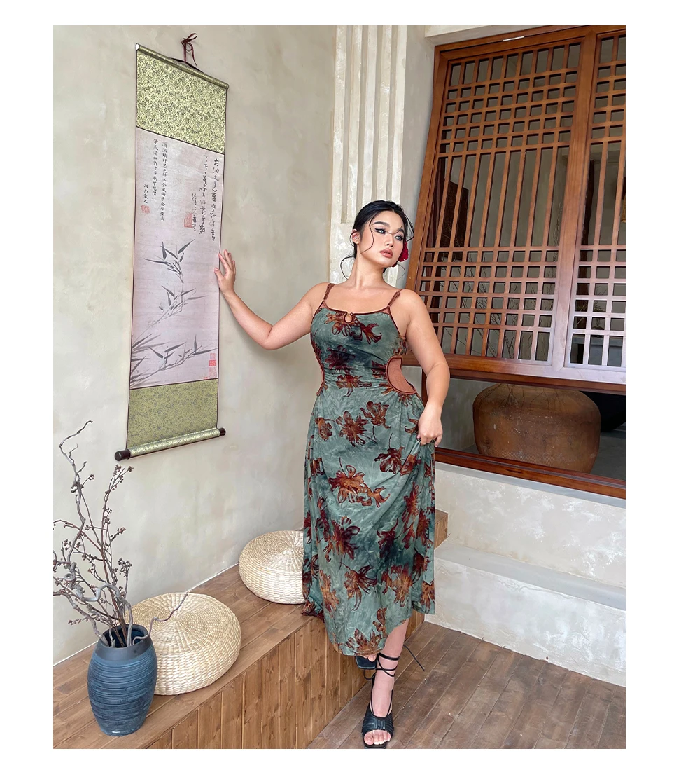 Large Size Spring New Sexy French Street Print Suspender Dress Temperament Girls High Waist A-line Sleeveless Cheongsam Dresses