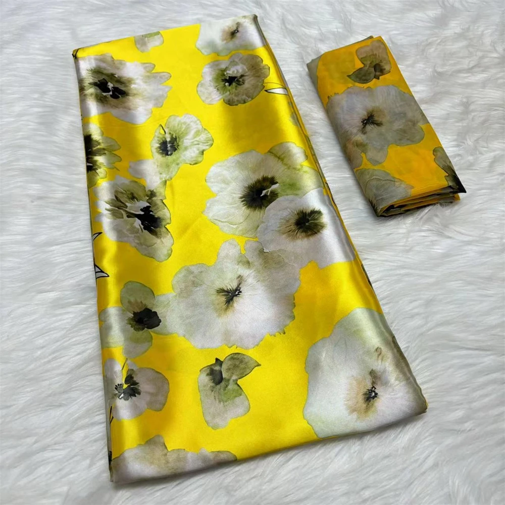 African Soft Silk Satin Fabric, Blue Ribbon Silk with Chiffon Blouse, Nigerian Fabrics, High Quality, 4 + 2 Yards