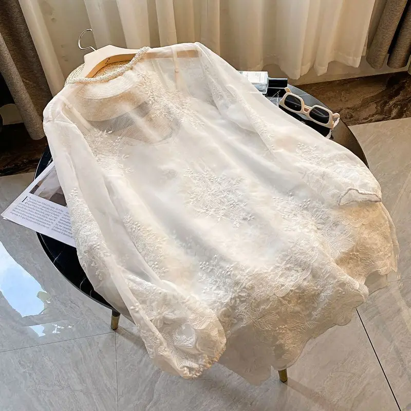 Thin Shirts Women Baggy Delicate Beading Office Lady Pretty Vintage Chinese Style Embroidery Sunscreen Leisure Summer Breathable