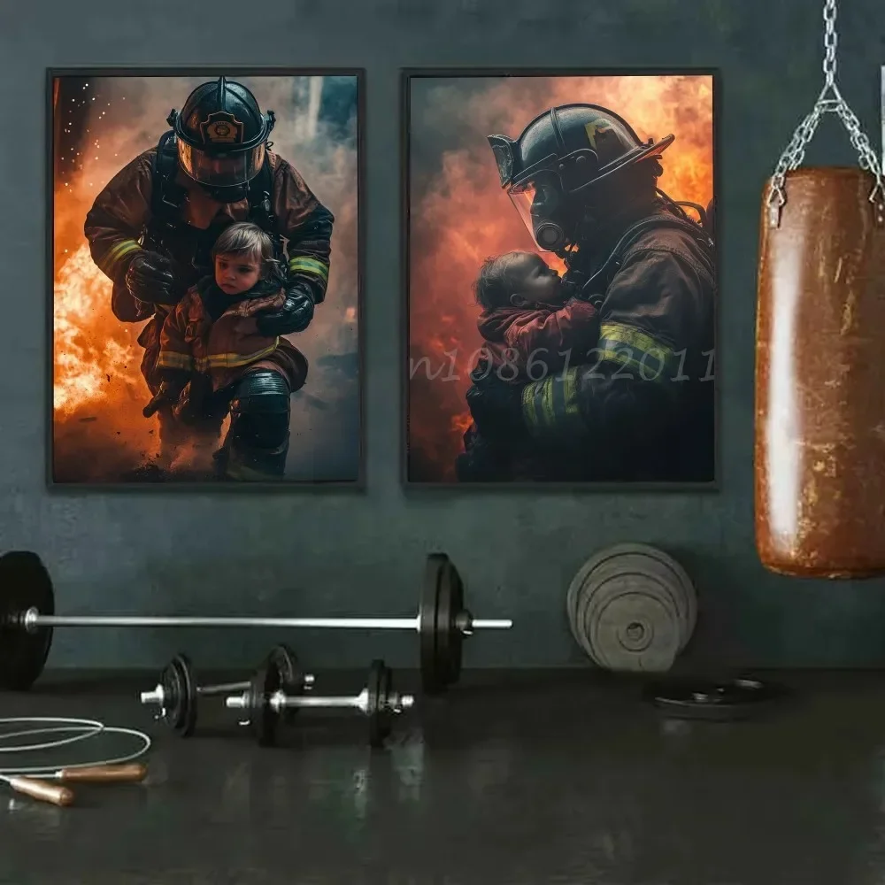Modern Brave Firefighter Fire Smoke Firefighter Fire Truck Canvas Painting Room Wall Decor Cannot Be Customized