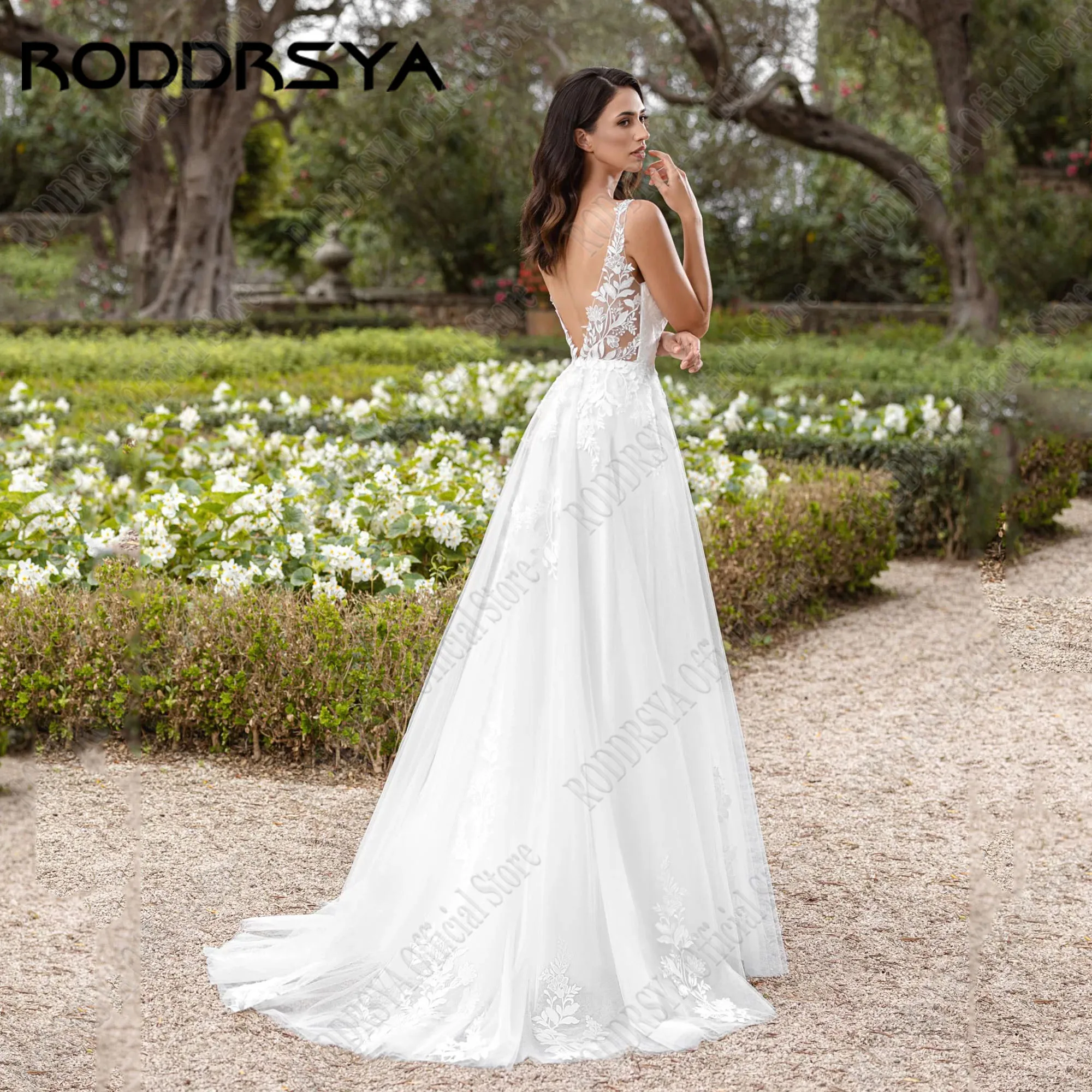 RODDRSYA-Robe de mariée dos nu A-Line avec appliques en fibre de dentelle, robe de mariée en tulle, col en V, Civil Brial, 2024Roddrsya 2024 civil robe de mariée sans dos col en V sans manches dentelle appliques gilet