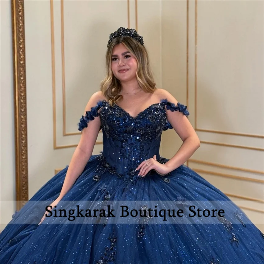 

Темно-синее платье принцессы с открытыми плечами Sweet 16, платья Quinceanera, кружевное тюлевое платье с аппликацией и бисером для вечеринки, дня рождения, Vestidos на заказ