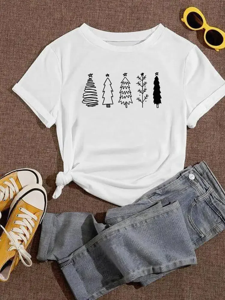 

Tree Trend Style Lovely Cute Christmas Women Short Sve T-Shirts Lady Clothing New Year Printed Fashion Graphic T Top Tee