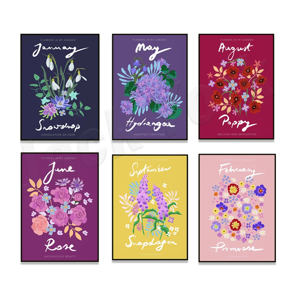 Flower market december printable, orchid, dahlia, rose, lily, tulip, pansy, primrose, snapdragon, botanical monthly floral poste