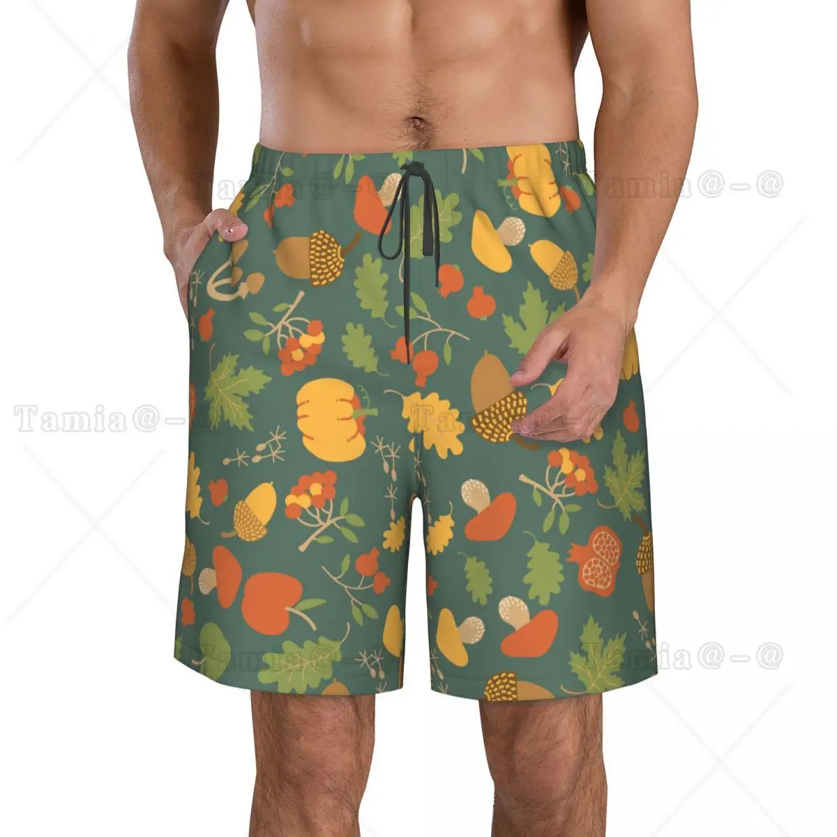 Mens Swimming Shorts Swimwear Autumn Maple Oak Leaves Pumpkins Men Trunks Swimsuit Beach Wear Boardshorts