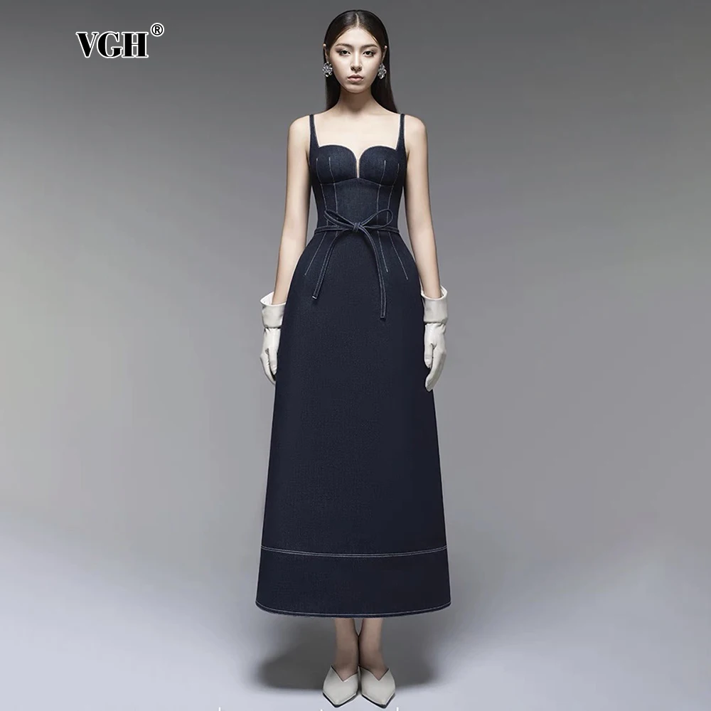 

VGH Sexy Backless Slimming Long Dresses For Women Square Collar Sleeveless High Waist Spliced Lace Up Temperament Dress Female