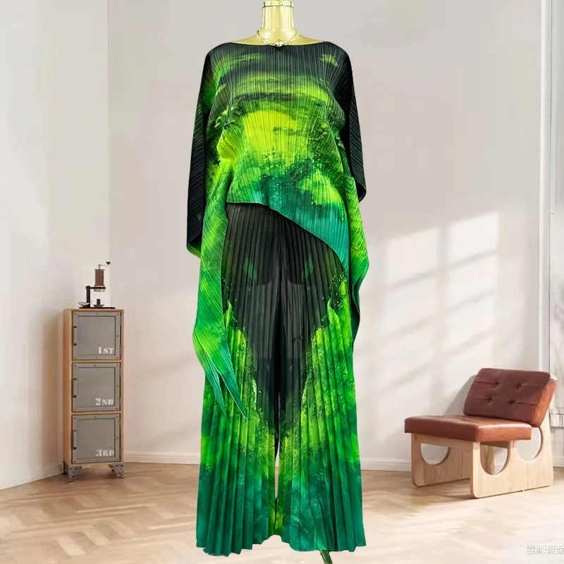 

Miyake Pleated Pants Set 2025 Summer New Fashion Suit Big Size Women's 2-piece Set Miyake Pleated Print Top Casual Trousers