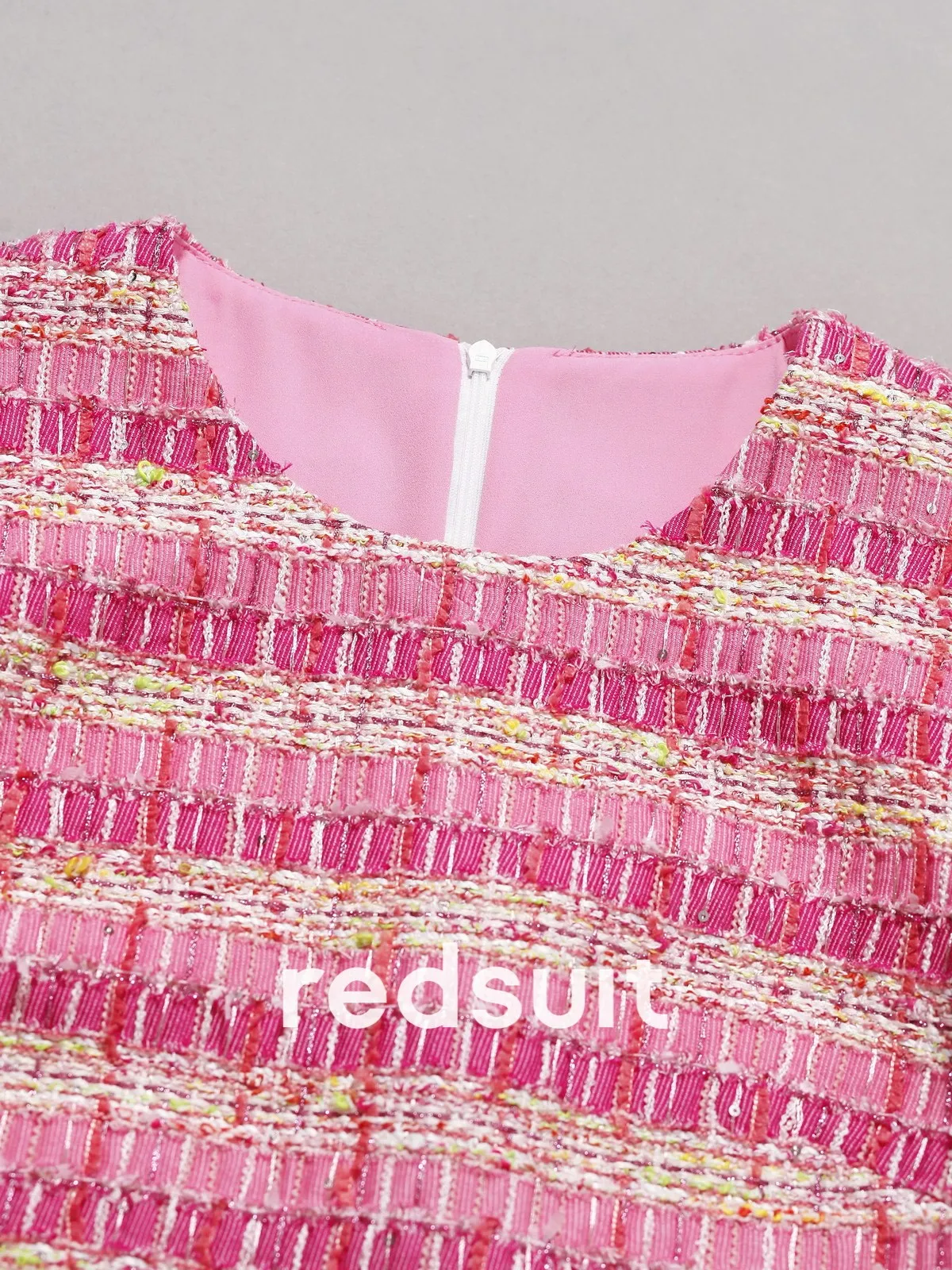 New Heavy Industry Weaving Colorful Round Neck Short Sleeve Pink Dress for Women Custom size