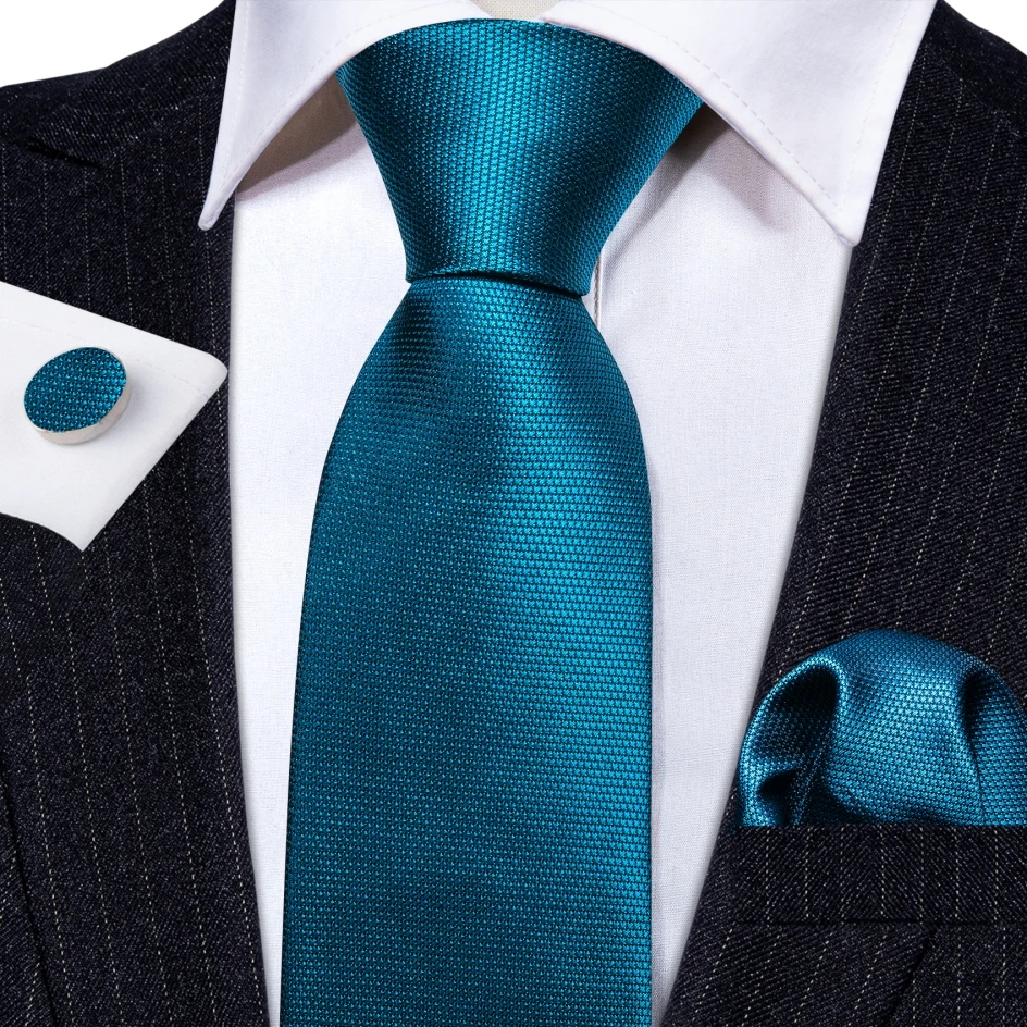 Noverlty Teal Necktie For Men Solid Luxury Brand Suit Pocket Square Cufflinks High Quality Tie Set Wedding Party