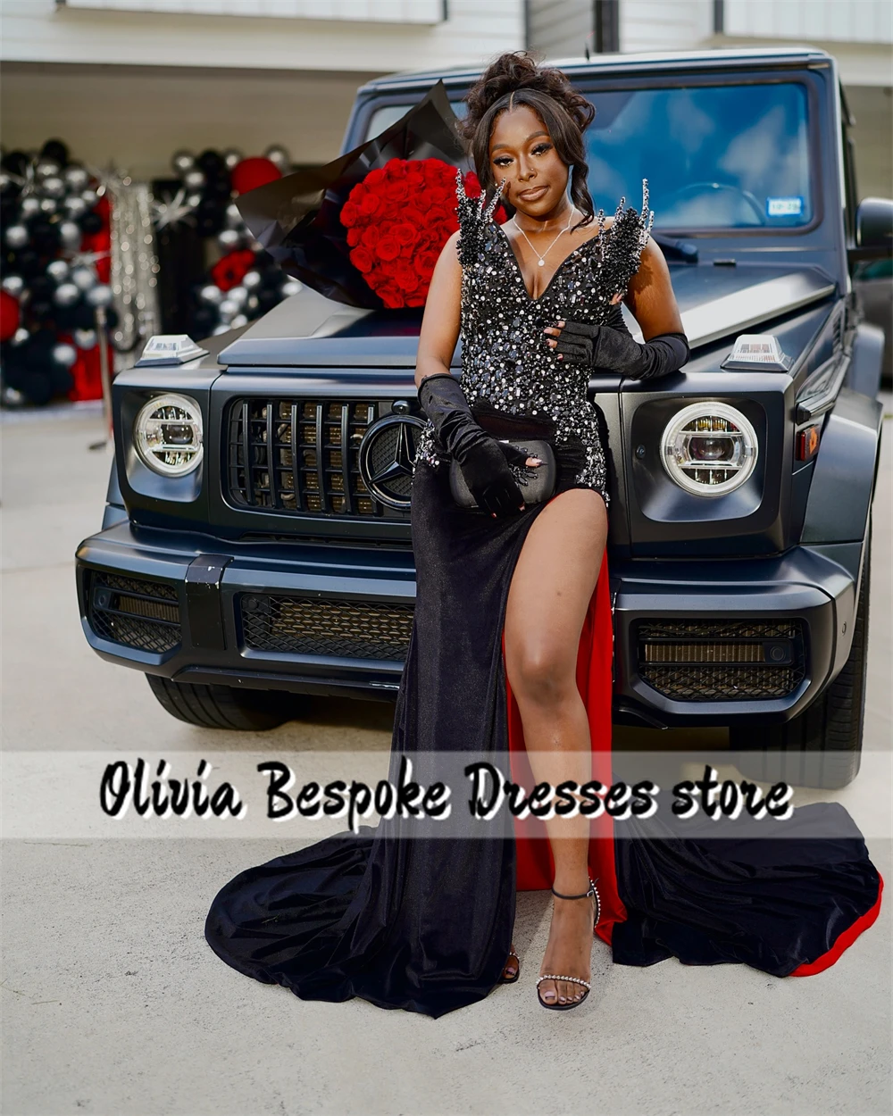 Remarkable Red Lining Black Evening Dress Beaded Rhinestones Aso Ebi Mermaid Cocktail Gown For Special Events African Customized
