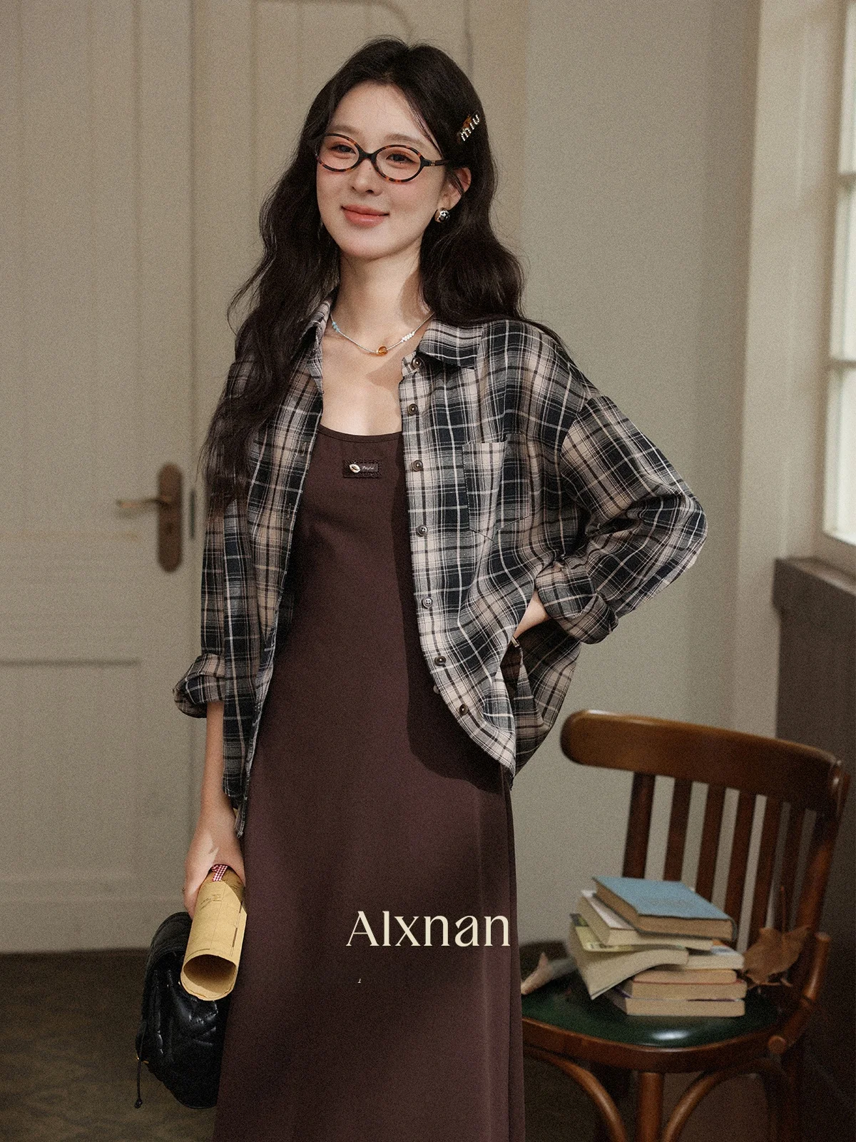 

Sun Protection Plaid Long Sve Women's irt Loose Fit French Sle Tea Cacao Color irt for Autumn New Arrival