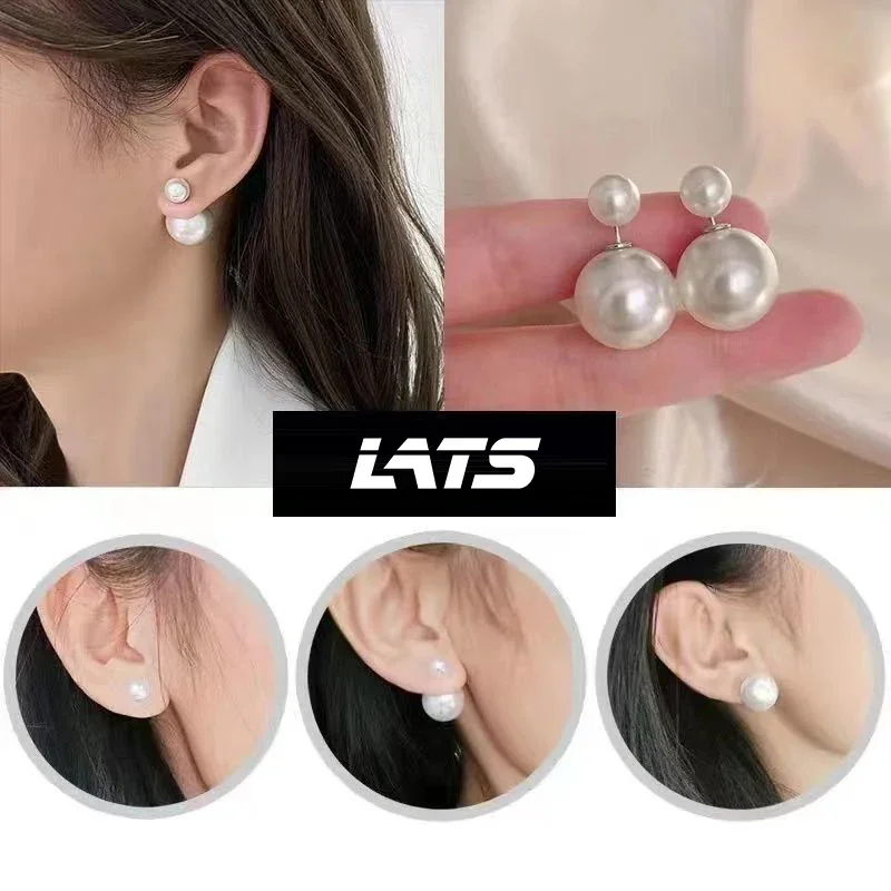 LATS Pearl Stud Earrings for Women Korea Trendy Accessories Personality Large and Small Front and Back Earring Fashion Jewelry