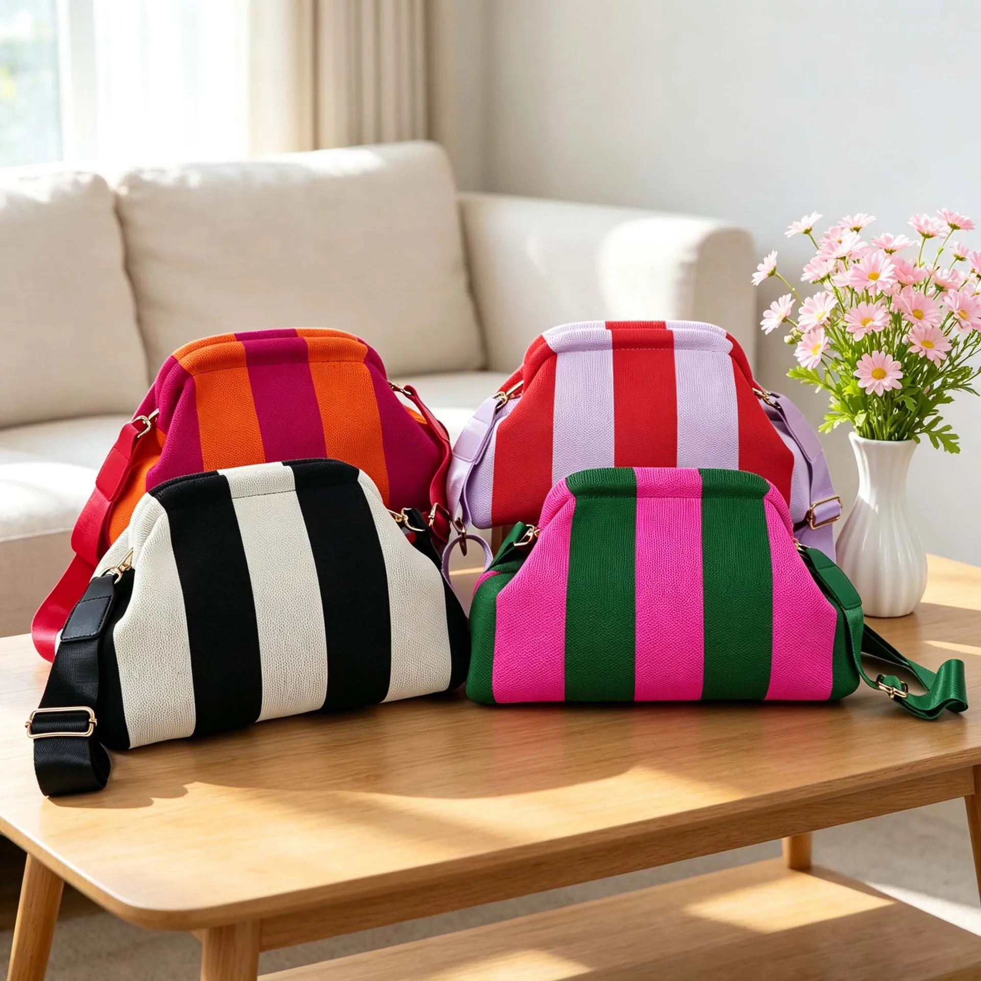 Cross-Border Stripe Handbag Women's 2026 New Fly Knit Fashion Shoulder Slant Bag Makeup Bag Ladies Purse Summer Season