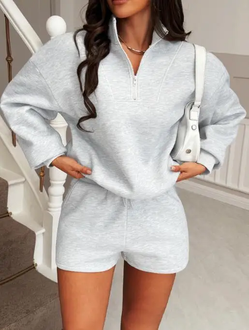 

Casual Sports Style Women's 2-Piece Set Solid Stand Up Collar Zipper Decoration Loose Top Low Waist Straight Leg Shorts Set