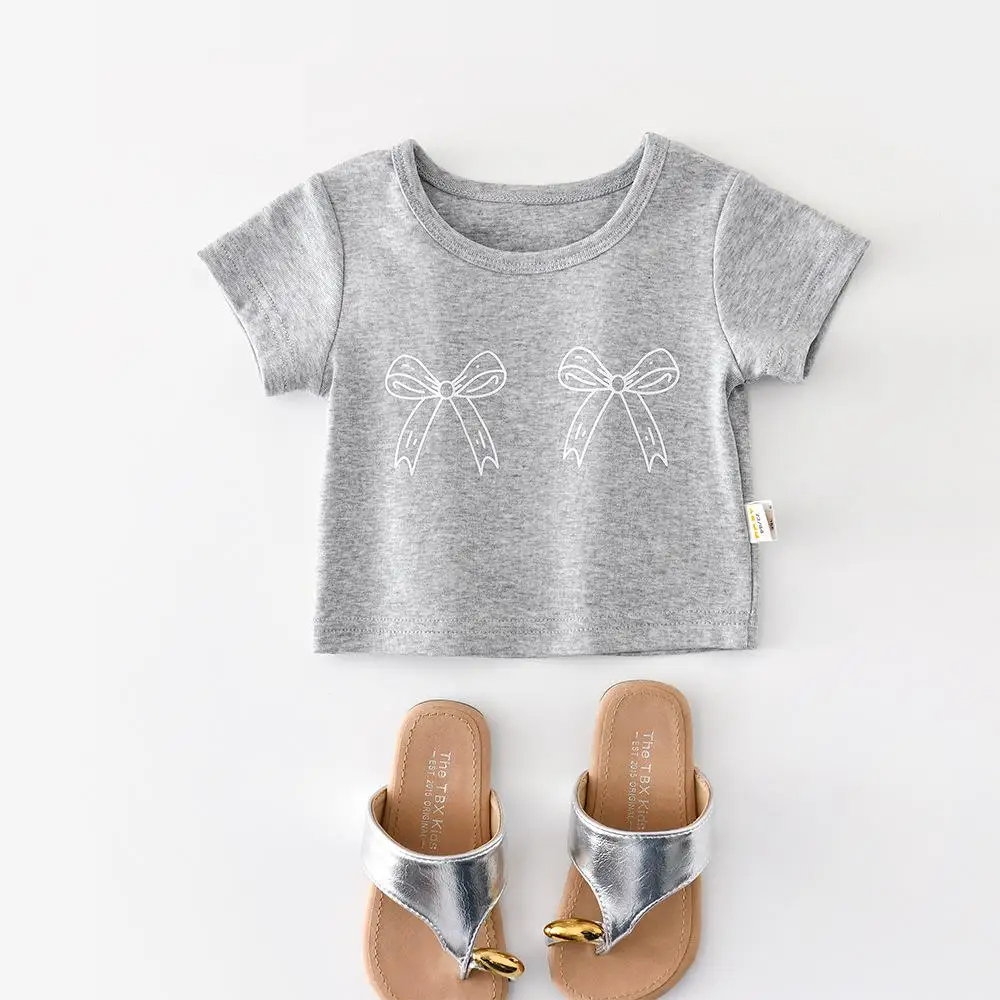 2026 Summer New Baby Girl Short Sleeve T Shirts Infant Casual Tops Girls Bow Print Tees Toddler Gray T Shirt Children Clothes