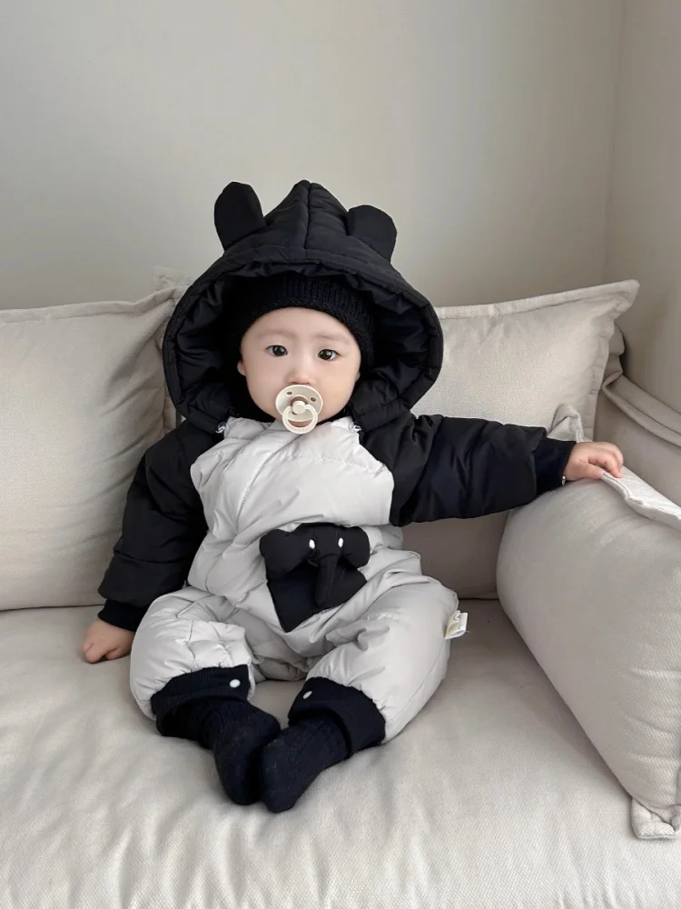 Thiened down Overall Suit for Babies And Toddlers Cute Winter Outwear Casual Sle Removable Hood White Du down Filling