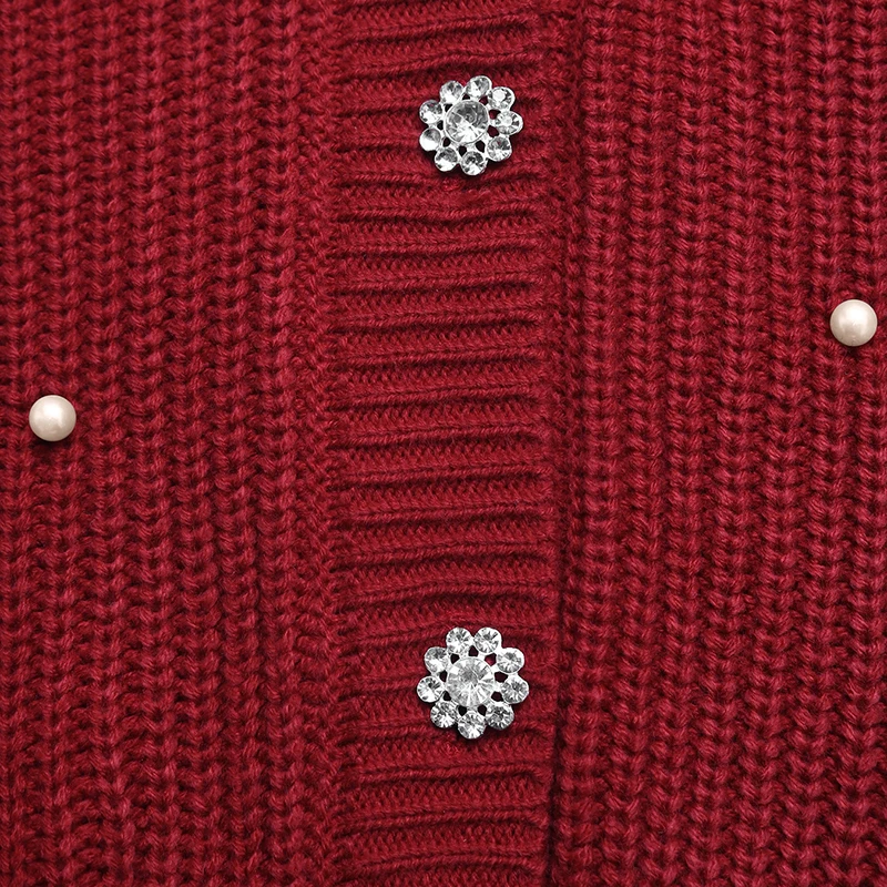 سترة نسائية محبوكة باللون الأحمر لعيد الميلاد ورقبة على شكل حرف V وأكمام طويلة مع زر زهور لؤلؤية سترة دافئة كاجوال فضفاضة #4