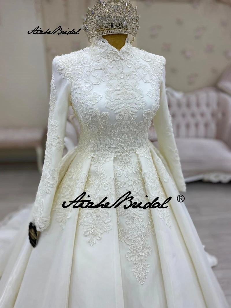 Exquisite Lace Appliques Muslim Wedding Dresses For Women Full Sleeves High Neck Arabic Dubai Bridal Dress