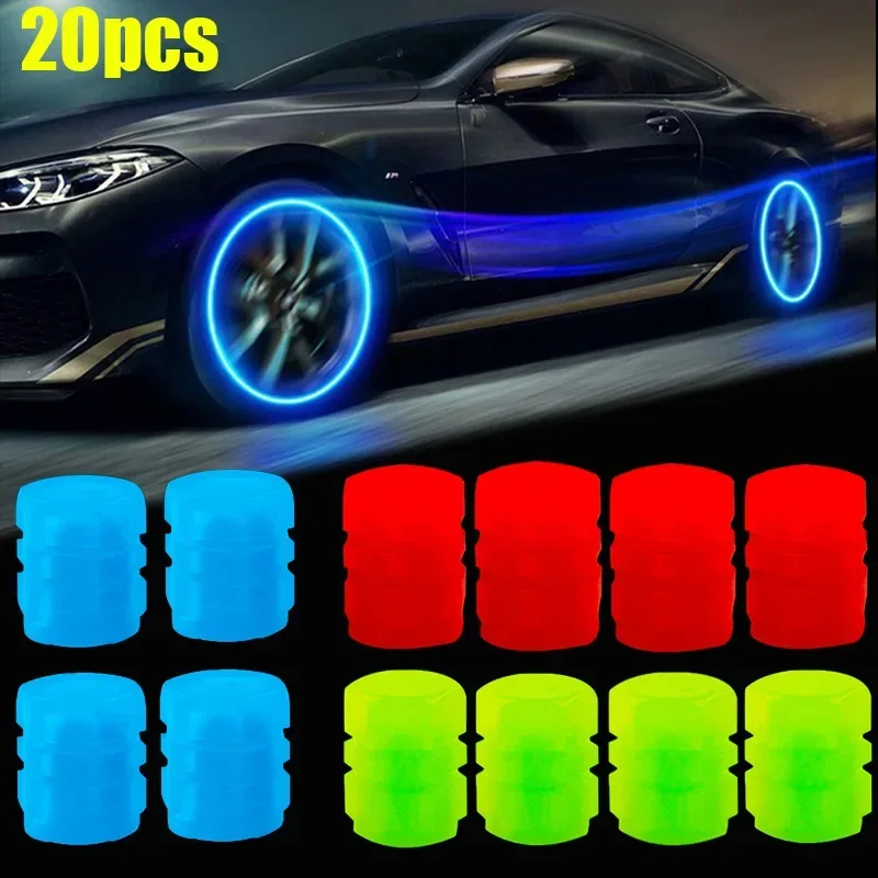 20Pcs Luminous Car Tire Valve Caps Car Wheel Plugs Hub Styling Bike Motorcycle Glowing Decor Tyre Valve Stem Caps Cover Nozzle