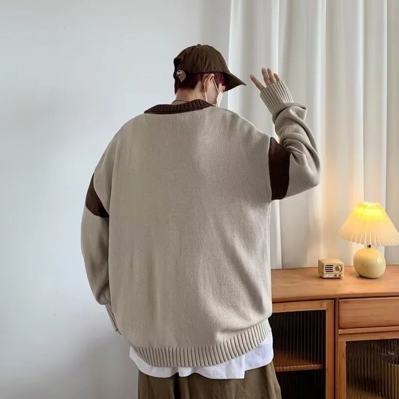 الأمريكية الرجعية عادية V-ne محبوك سترة الرجال لون نقي ملابس خارجية طويلة Sve فضفاضة تناسب الشباب Sle ألياف البوليستر #2