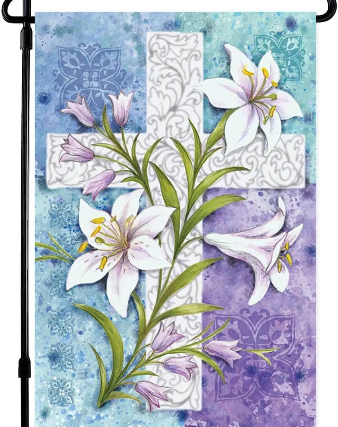 Happy Easter Garden Flag 12x18 Inch Double Sided, Buffalo Plaid Lily Cross He Is Risen Outdoor Decoration for Outside Yard ( ZZM
