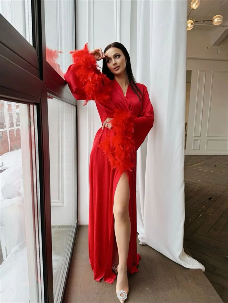 

Red Feather Woman Prom Dress Robes Belted Sexy Full Sleeves Bridal Robes Evening Gown Wedding Guest Sleepwear Customized