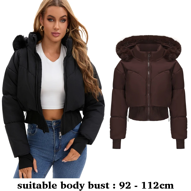 

high quality women short fur hooded jacket long sleeve with cotton padding casual autumn winter 2025 clothing black white brown