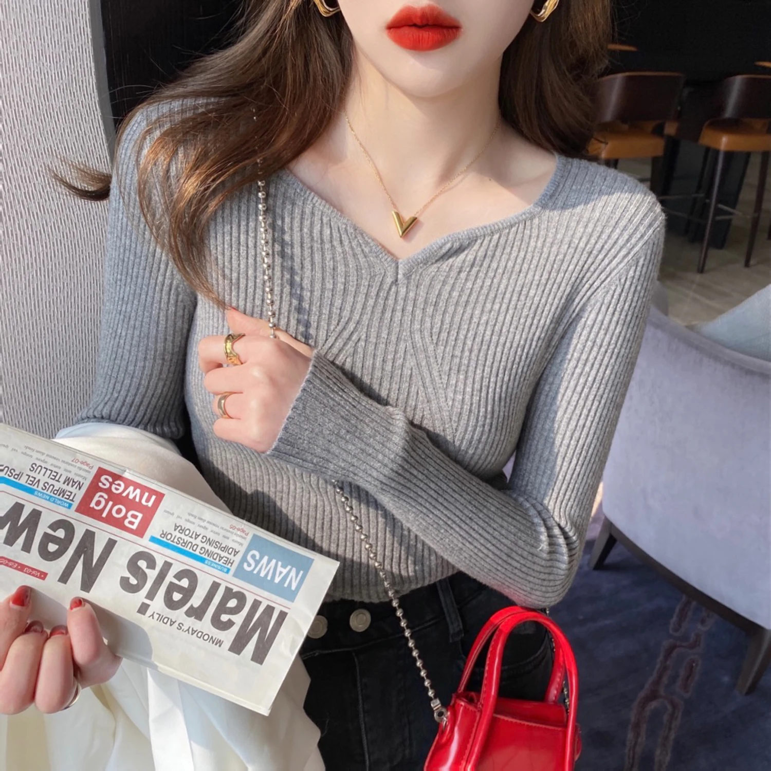 

AOSSVIAO Fashion Women Long Sleeve Knitted Sweaters Autumn Winter 2026 New Solid Slim V-Neck Tops Korean Basic Casual Pullovers
