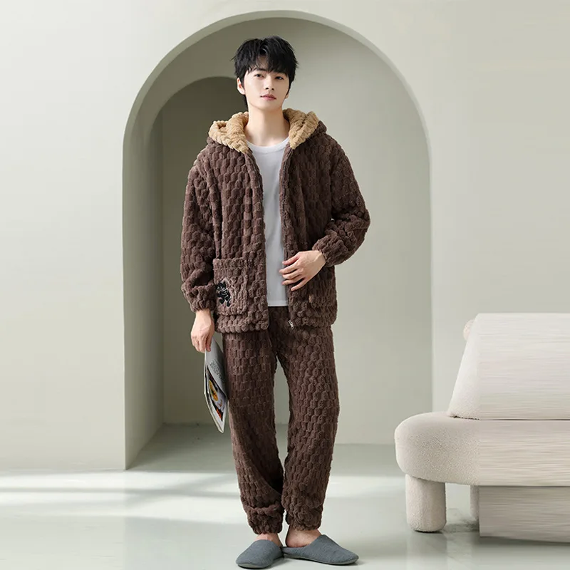 Autumn and winter men's pajamas coral fleece fleece thickened flannel hooded models can be worn outside loungewear zipper set