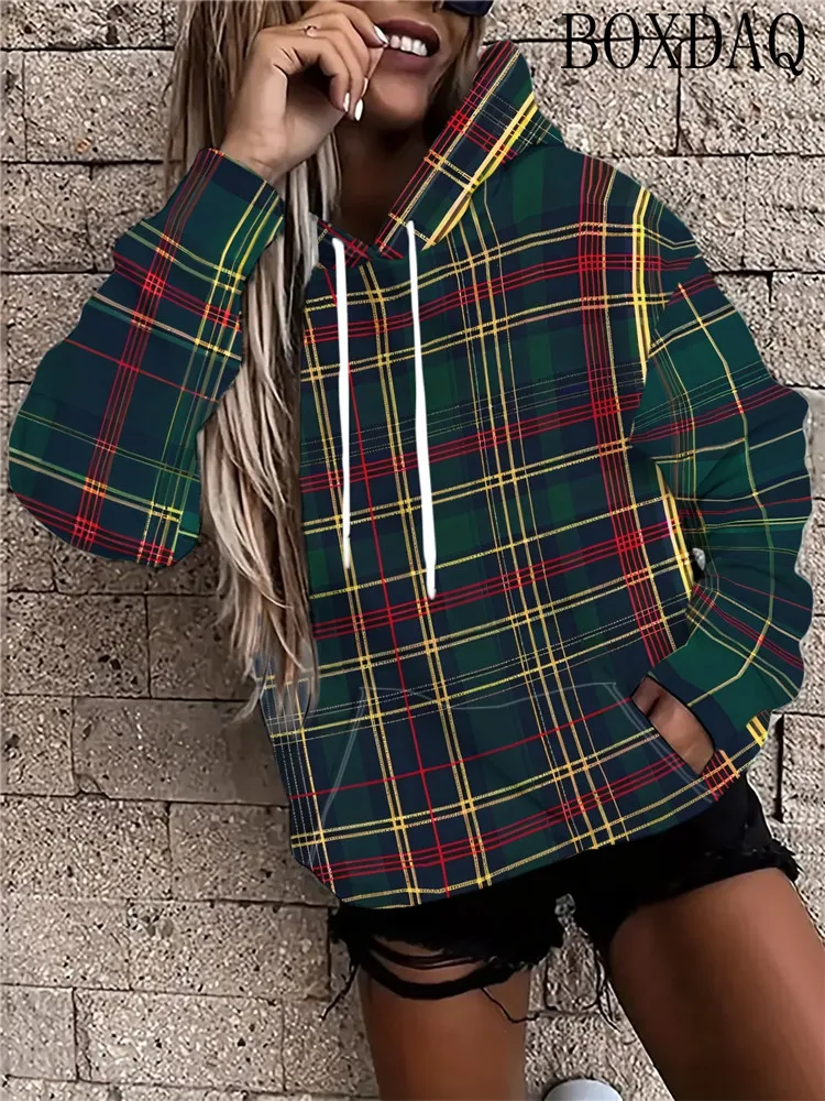 Fashion Casual Plaid Striped Print Hoodie Woman Loose Autumn Winter Pocket Drawstring Sweatshirts Women's Long Sleeve Coat Tops