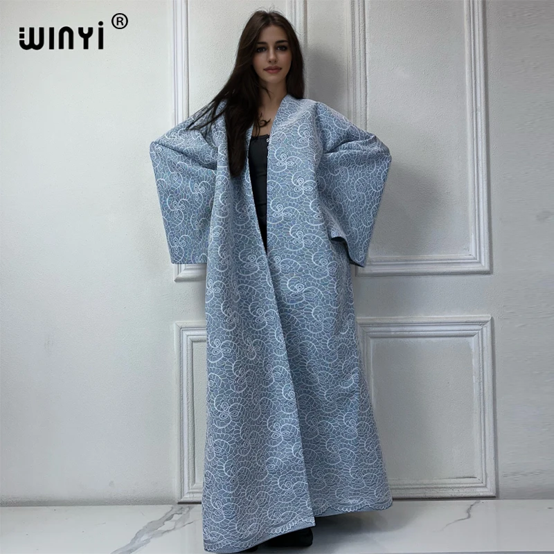 WINYI Lace composite denim cardigan Women long down coat Loose Dress elegant Party maxi Holiday Swimming Cover Up fashion Kimono