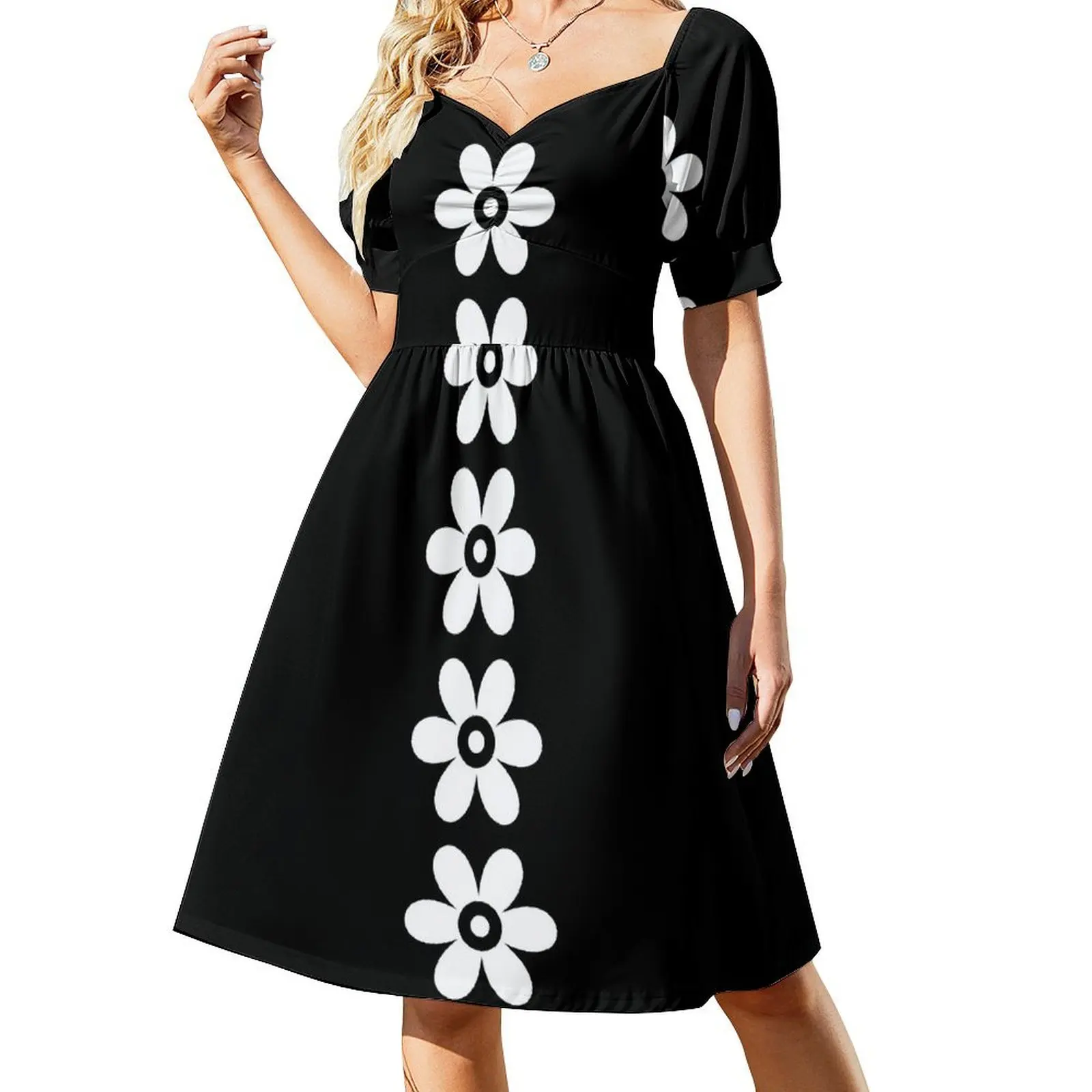 

Black & White - Retro Daisy Flower - 60s Mod Short Sleeved Dress women's summer jumpsuit dress for women Long dresses Dress