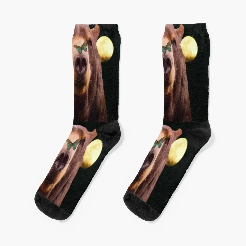 

Butterfly on Black Bear Socks aesthetic Crossfit kawaii Thermal man winter Socks Male Women's