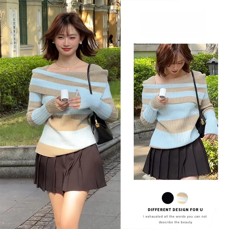

Korean Style Knitted Sweater And Skirt Set Stripe Pattern One Shoulder Design Slimming Effect Winter Fashion for Women