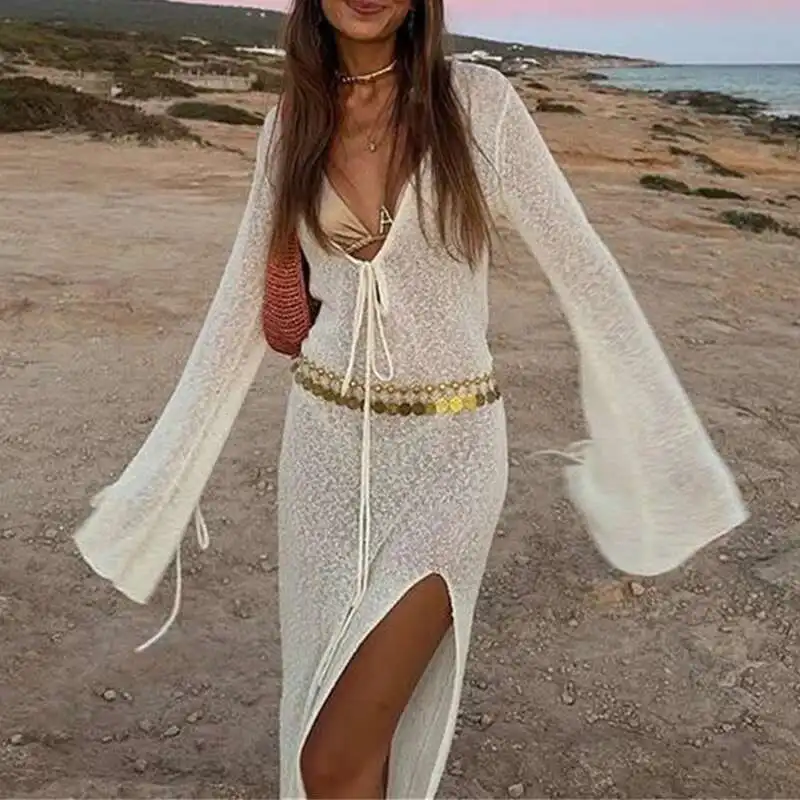 หญิง Holiday Beach COVER UP ชุดลําลองถัก V คอ Slim Maxi ชุดว่ายน้ําผู้หญิงเซ็กซี่มุมมองแขนยาว Robe ชุด