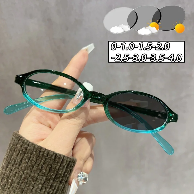 

Women's New Finished Photochromic Myopia Glasses Men Small Oval Frame Minus Eyewear Fashion Discoloration Ultralight Eyeglasses