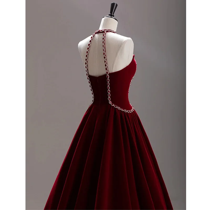 Women Sexy Halter Backless Formal Dress French Burgundy Velour Evening Party Prom Gown Toast Clothing