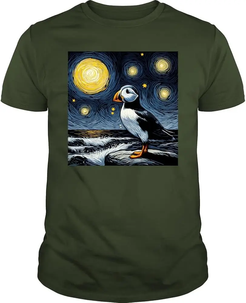 Starry Night Puffin Bird Beak Coastal Van Gogh Bird Lover  Anime Graphic T-shirtsY2K tops Unisex Summer Short Sleeve